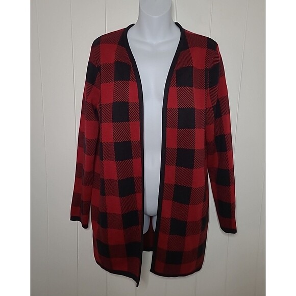 Croft & Barrow Sweater Cardigan Womens Medium Red Black Checkered Holiday Fall - Picture 1 of 10